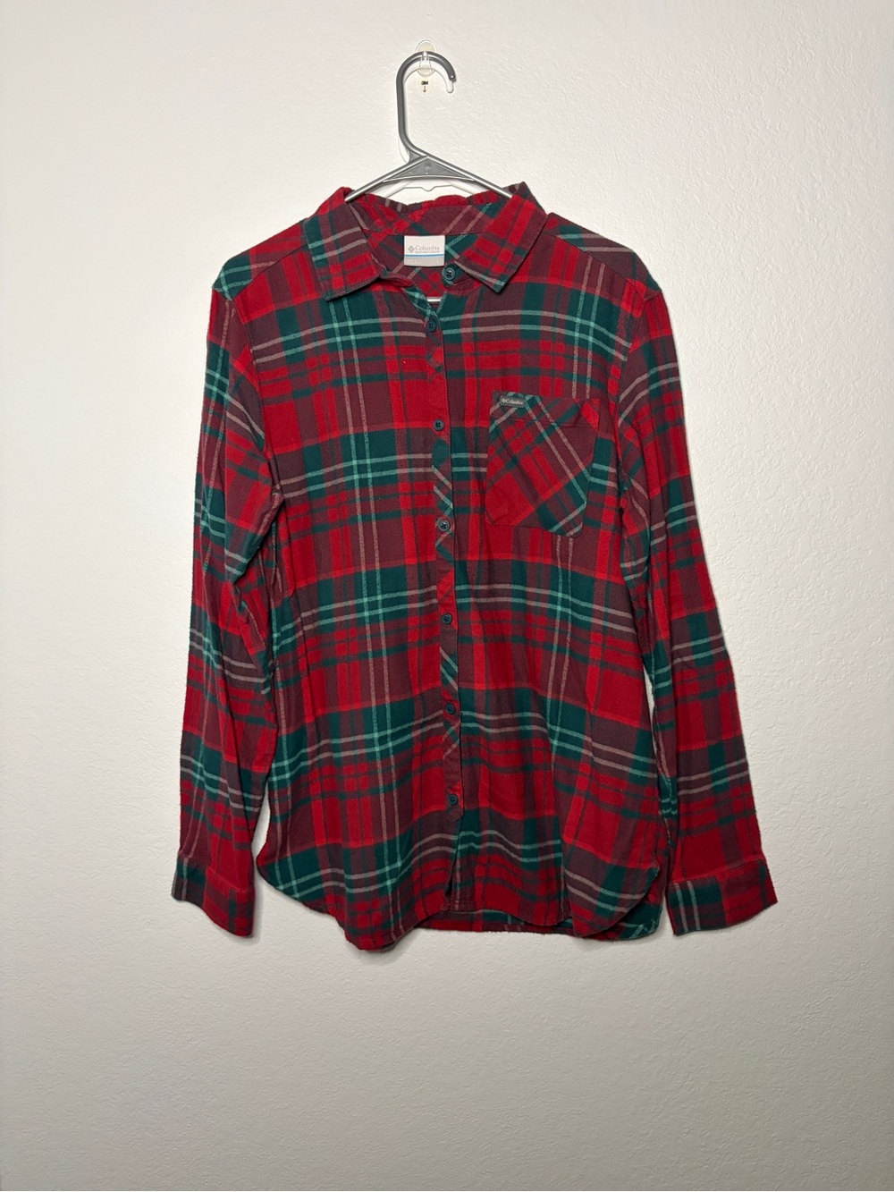 Columbia Classic Red & Dark Green Plaid Flannel Button-Up Shirt Large